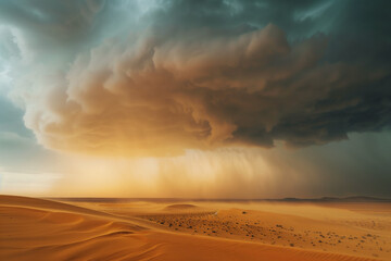 Desert Storm with dangerous weather conditions, showing a sand avalanche advancing across the arid wasteland, with rain, thunder, and ample copy space for text