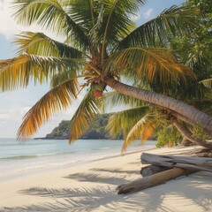 Idyllic Tropical Paradise Beach with Vibrant Palm Trees, White Sand, and Serene Ocean Waves