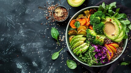Nutritious Buddha Bowl Food Photography on Dark Background. Vibrant healthy meal with fresh ingredients perfect for diet programs, vegan restaurant menus and organic product packaging designs