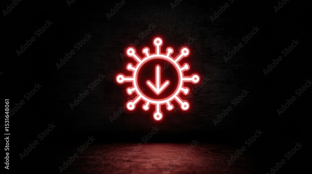 Poster virus-laden download icon shines vividly in red against an empty dark background, warning users of p