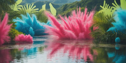 Surreal Pink and Blue Powder Burst Reflections in Tranquil River surrounded by Lush Green Foliage