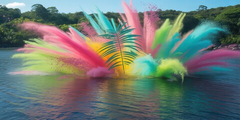 Stunning Multicolor Powder Explosion Over Water with Vibrant Colors, Artistic Celebration in Nature Scene