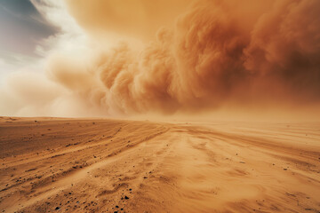 Desert Sandstorm with dangerous weather conditions, showing a sand avalanche advancing across the arid wasteland, with ample copy space for text