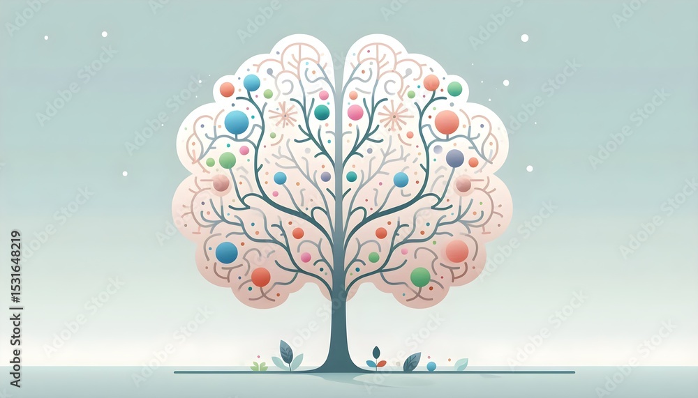 Poster a conceptual tree design with brain-shaped canopy stands against clean background to represent thoug