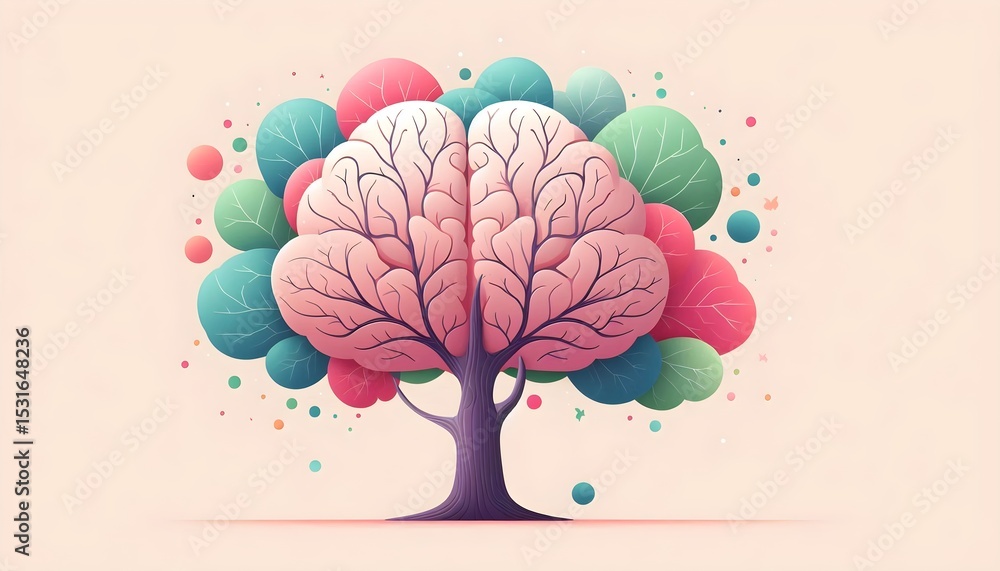 Poster flat design of tree with symbolic brain foliage in soft colors on simple pastel surface shows mindfu