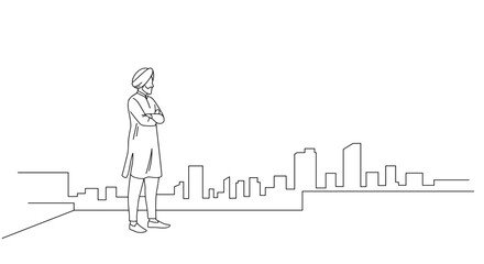 Obraz premium Man in turban looking at city skyline in line drawing