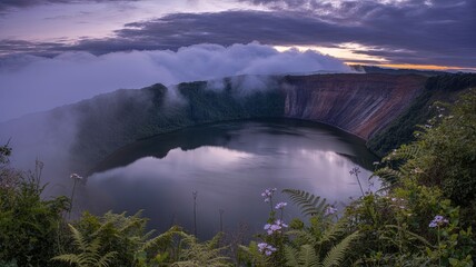 Stunning Panoramic View of Misty Crater Lake at Twilight Surrounded by Lush Greenery and Clouds