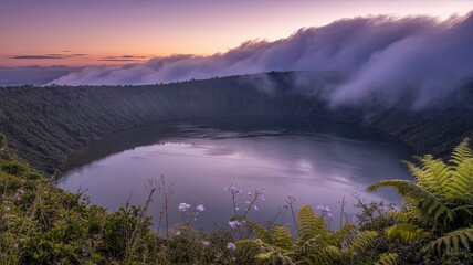 Majestic Volcanic Crater Lake at Dawn with Rolling Clouds and Lush Vegetation, Stunning Nature Landscape