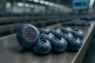 Fresh blueberries in industrial processing line with ISO 22000 certification imprint highlighting food safety protocols in fruit quality control and traceability systems