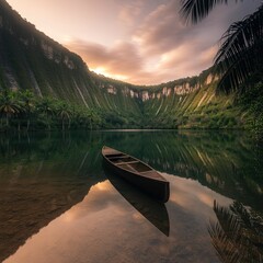 Serene Tropical Lake Landscape with Wooden Canoe at Sunset Reflecting Majestic Mountain Cliffs