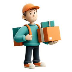 Cartoon delivery man holding package with a cheerful expression on transparent background