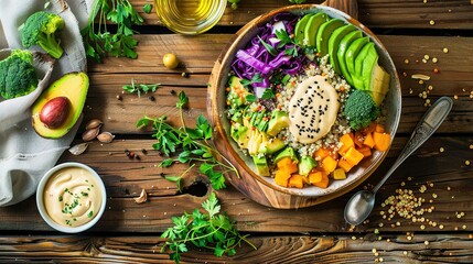 Nutritious Buddha Bowl Food Photography on Dark Background. Vibrant healthy meal with fresh ingredients perfect for diet programs, vegan restaurant menus and organic product packaging designs