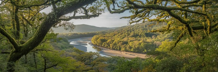Enchanting Panoramic View of Serene River Flowing Through Lush Forest and Mountains in Soft Golden Light