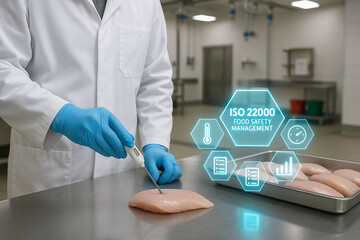 ISO 22000 food safety protocol demonstrated in poultry plant with inspector measuring internal temperature of raw chicken breast using digital thermometer and control interface