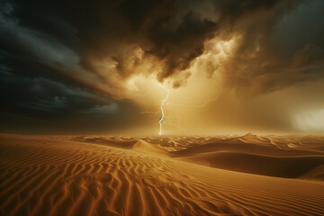 Desert Storm highlighting perilous weather, featuring a dangerous sand avalanche moving through the desert, with rain, thunder, and generous copy space available