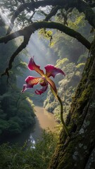 Enchanting Pink Orchid Blooming by Serene River in Lush Rainforest with Soft Sunlight Rays