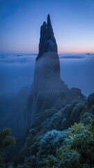 Majestic Misty Mountain Peak Rising Above Clouds at Twilight in Enchanting Natural Landscape