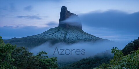 Mystical Mountain Peak Emerging Through Clouds in Azores, Tranquil Nature Landscape with Lush Greenery