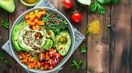 Nutritious Buddha Bowl Food Photography on Dark Background. Vibrant healthy meal with fresh ingredients perfect for diet programs, vegan restaurant menus and organic product packaging designs