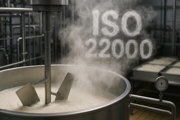 Industrial mixer in dairy processing with visible steam forming ISO 22000, symbolizing compliance with food safety protocols and hygienic practices in food engineering