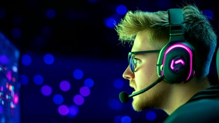 Gamer intently focuses with headset on in blue-lit room