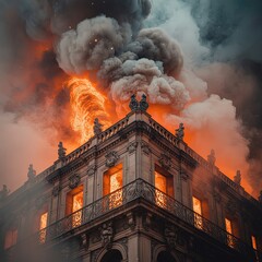 Dramatic Inferno Consumes Ancient Building With Intense Flames and Smoke Rising into Dark Sky