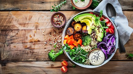 Nutritious Buddha Bowl Food Photography on Dark Background. Vibrant healthy meal with fresh ingredients perfect for diet programs, vegan restaurant menus and organic product packaging designs