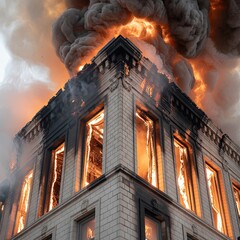Dramatic Building Fire Disaster with Intense Flames and Dark Smoke Billowing from Structural Windows