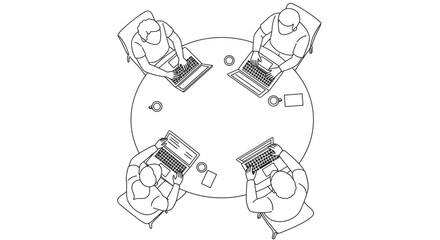 Four people working on laptops around table in line illustration