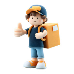 Cartoon delivery boy giving a thumbs up isolated on transparent background with excellent lighting