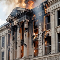 Dramatic Scene of Historic Stone Building Engulfed in Flames with Smoke, Fire Damage, and Structural Collapse
