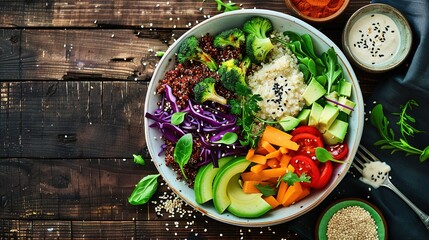 Nutritious Buddha Bowl Food Photography on Dark Background. Vibrant healthy meal with fresh ingredients perfect for diet programs, vegan restaurant menus and organic product packaging designs