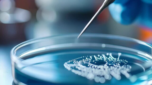 Examining culture in petri dish with inoculating loop in laboratory under bright light with a gloved hand