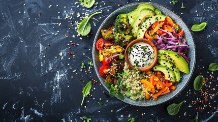 Nutritious Buddha Bowl Food Photography on Dark Background. Vibrant healthy meal with fresh ingredients perfect for diet programs, vegan restaurant menus and organic product packaging designs