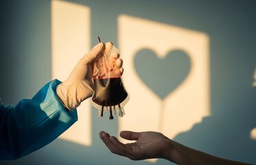 Compassionate hand gripping a blood bag featuring a heart icon, symbolizing the importance of giving blood on World Blood Donor Day.