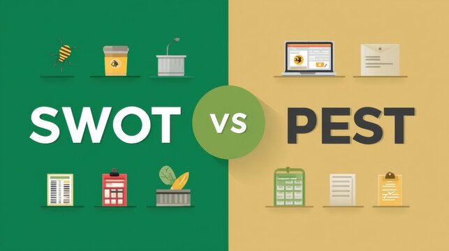 Comparison of SWOT and PEST Analysis With Visual Icons and Clear Layout for Business Evaluation Tools and Strategies