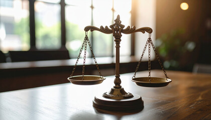 Classic justice scale on wooden table in softly lit room with chairs, sunlight through window, symbolizing law, balance, and professionalism