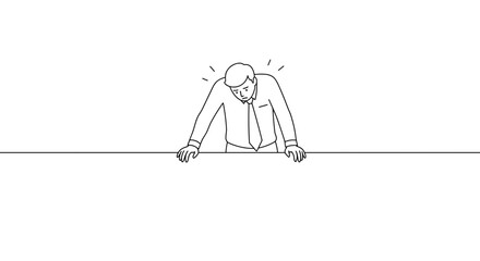 Stressed businessman leaning on table in outline drawing