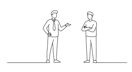 Two men in discussion with contrasting body language in line art