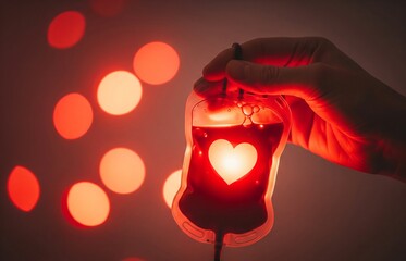 Blood donation concept showing hand holding a blood bag with heart shape, highlighting the spirit of World Blood Donor Day awareness.