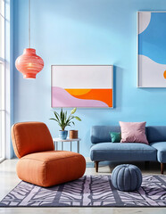 Modern living room with light grey fabric sofa, colorful pillows and vases, large window showcasing city buildings, picture frame above couch, neutral tones with colorful accents, wooden legs,
