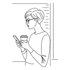 Woman drinking coffee and texting in line art style