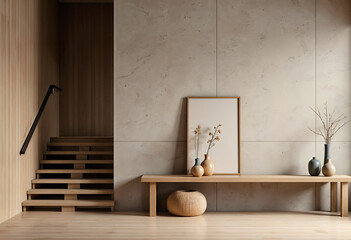 A modern minimalist room with an empty brown frame revealing a chair. The background has a beige wall and a beige staircase leading to another room.