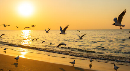 A flock of seagulls fly over the waves of the beach as the sun sets, reflecting golden light on the sea surface. 
