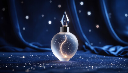 Luxurious crystal perfume bottle with celestial reflections, set against deep blue fabric and glowing star like lights