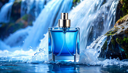 Blue perfume bottle with water splash and crystal accents in a fresh and luxurious product scene