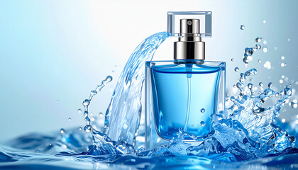 Modern blue perfume bottle with dynamic water splash and shiny blue crystals on soft background