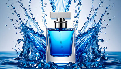 Stylish perfume bottle in blue with dynamic water splash and crystal accents on a clean background highlighting freshness and elegance