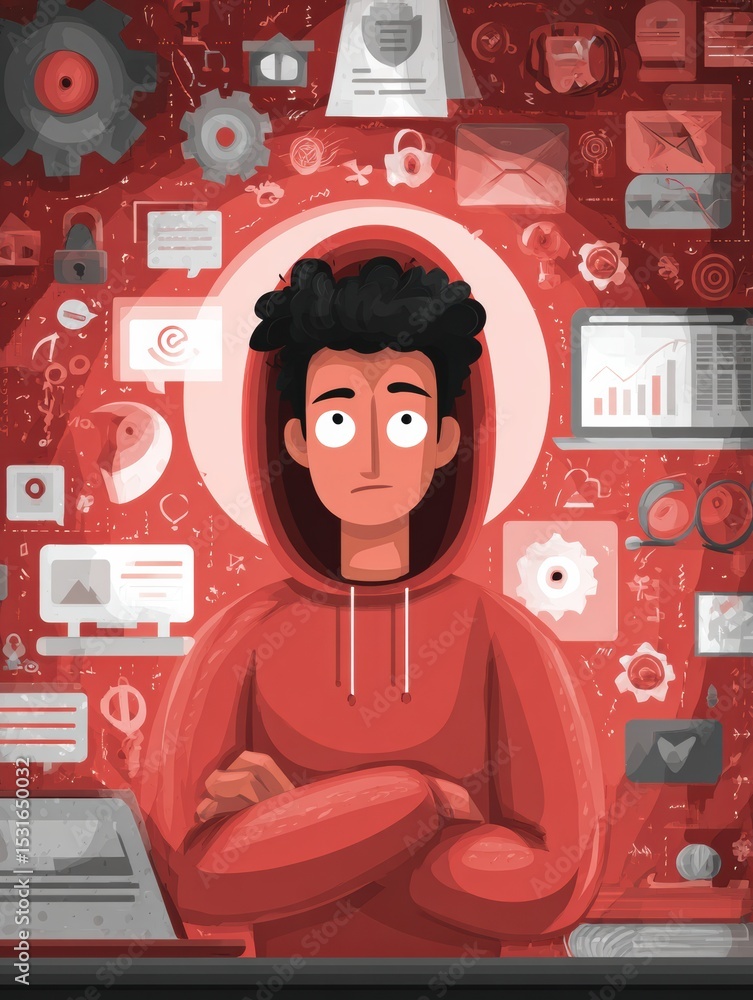 Aufkleber user in red hoodie surrounded by scam icons highlighting phishing threats and online security at an 