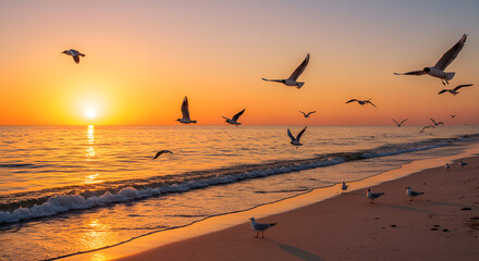 A flock of seagulls fly over the waves of the beach as the sun sets, reflecting golden light on the sea surface. 